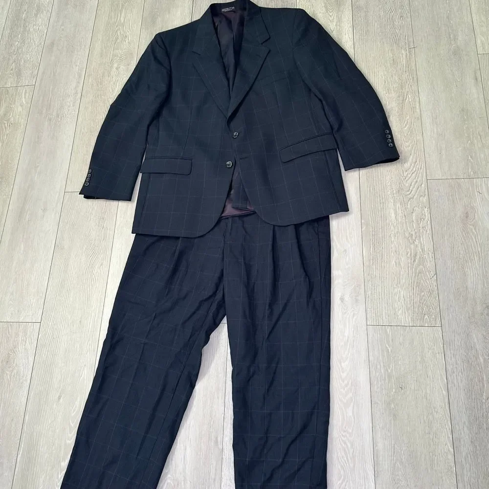 Evan Picone vintage men's wool suit Navy charcoal Windowpane size‎ 39 bottoms